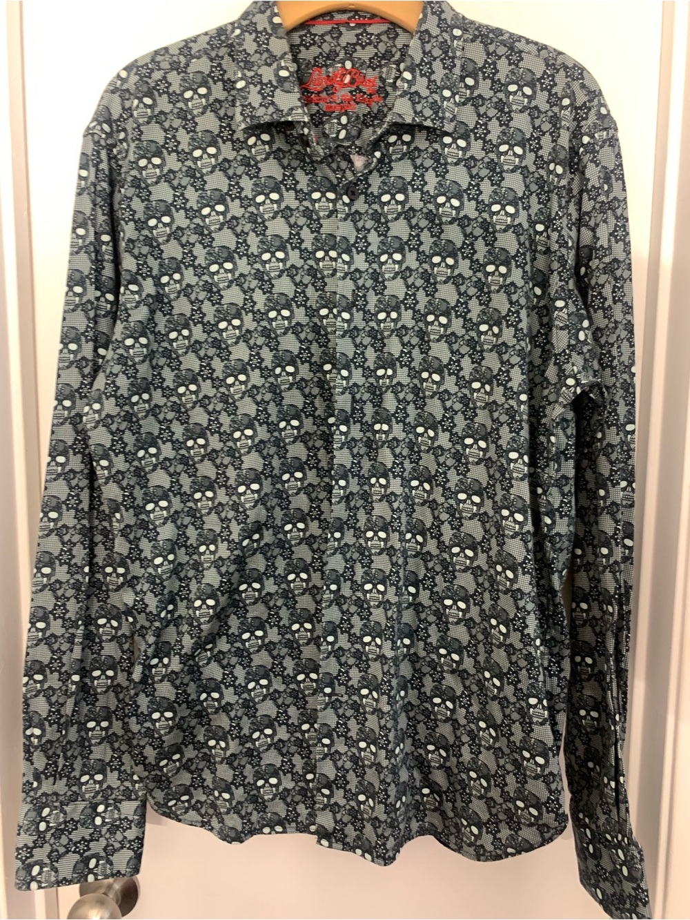 Long-Sleeve Skull Print Casual Button-Down Shirt - Gray/Black
